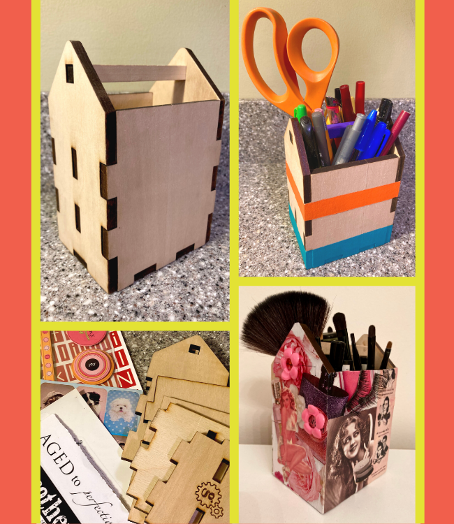 Wooden Laser Cut Pencil Tote Kit with 2 decorative options.