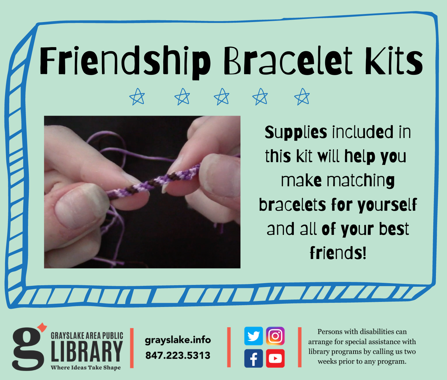 Photo of braided embroidery floss (friendship bracelet). Craft kids available for pickup at the library beginning March 8.
