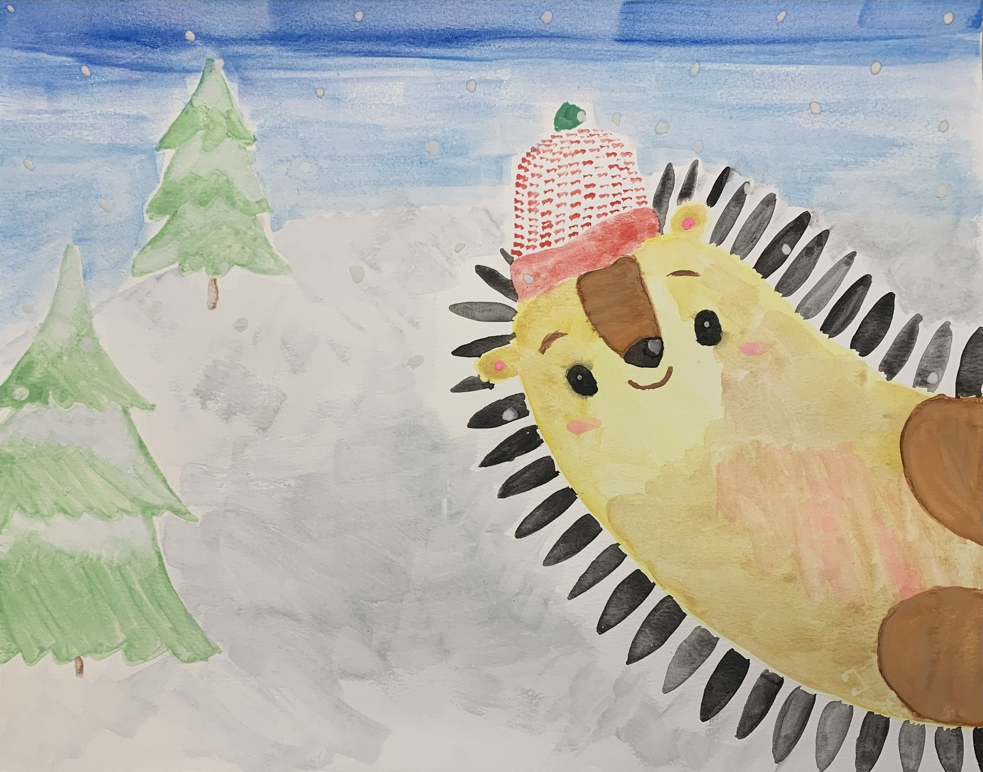 Hedgehog in front of winter scene